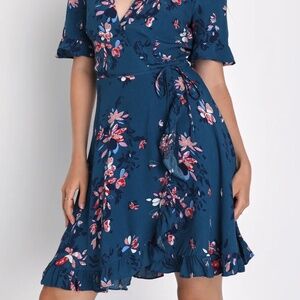 Lulus Dalton Teal Blue Floral Print Ruffled Wrap Dress Lined Size Medium